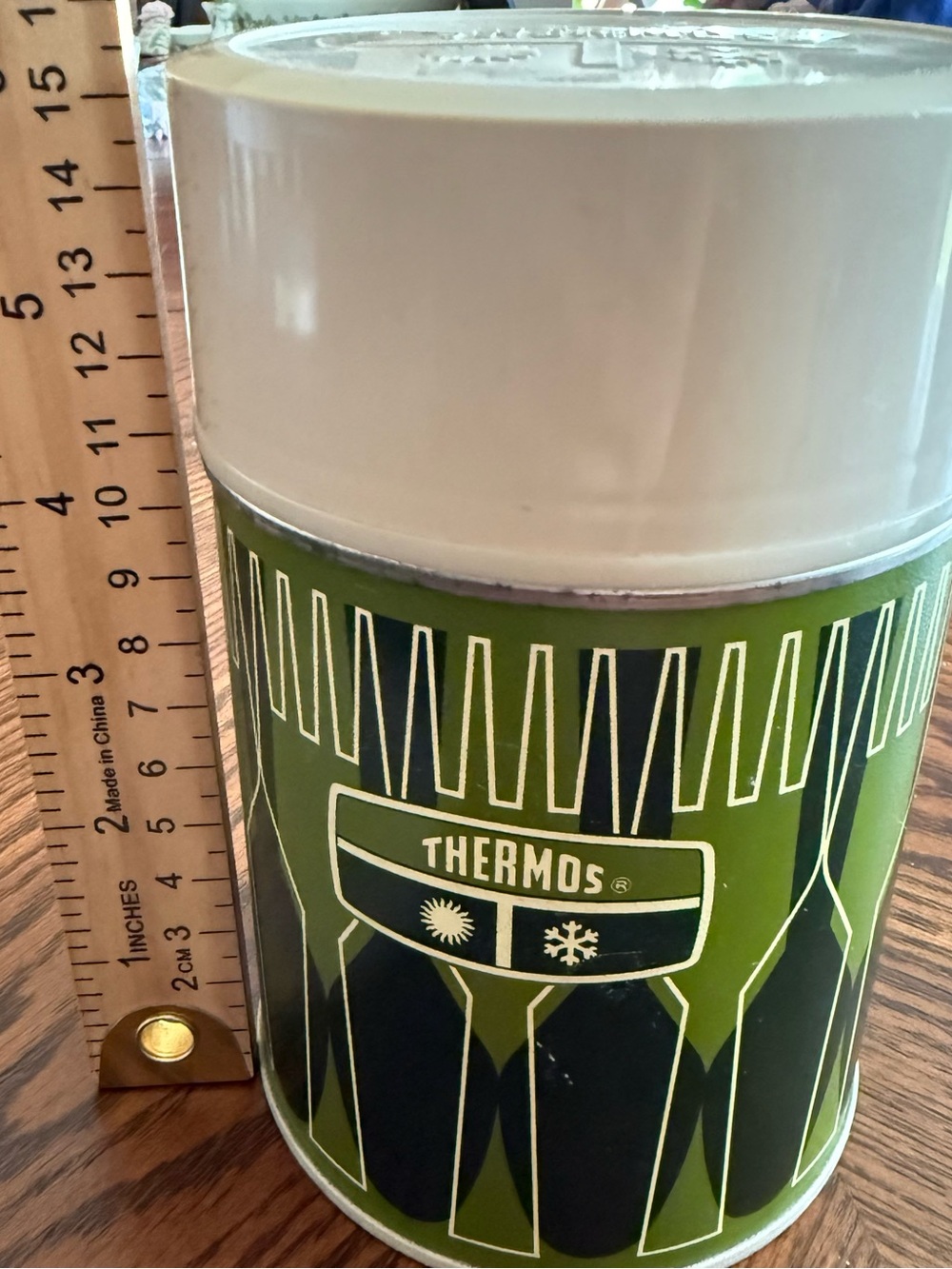 Vintage 1971 Green + Black Geometric King Seely Metal Thermos 10 Oz Made In USA
